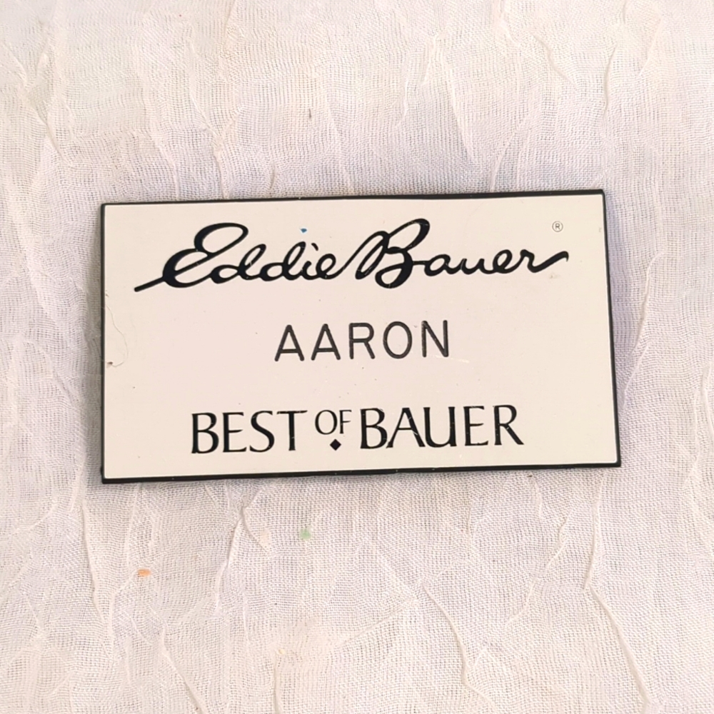 Eddie Bauer Employee Name Tag "AARON" Badge Magnetic Best of Clothing Store Prop